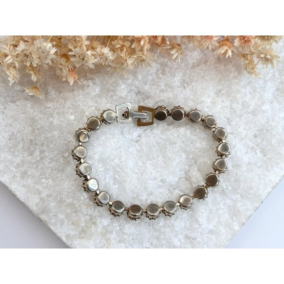 Gold Toned Iridescent Rhinestoned Vintage Costume Jewelry Tennis Bracelet - 7" - Picture 9 of 10